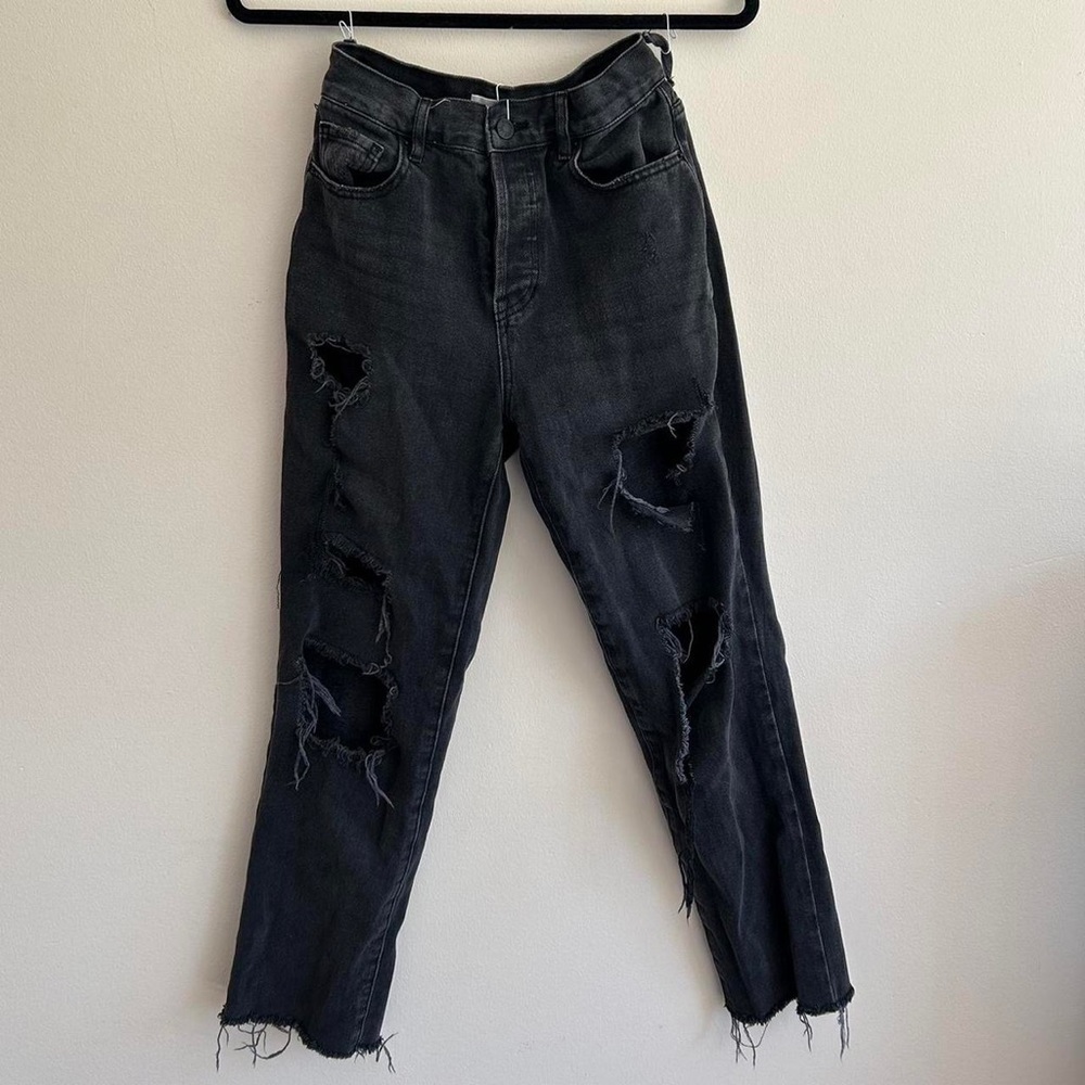 Black, high waisted, straight leg, very ripped, PacSun jeans